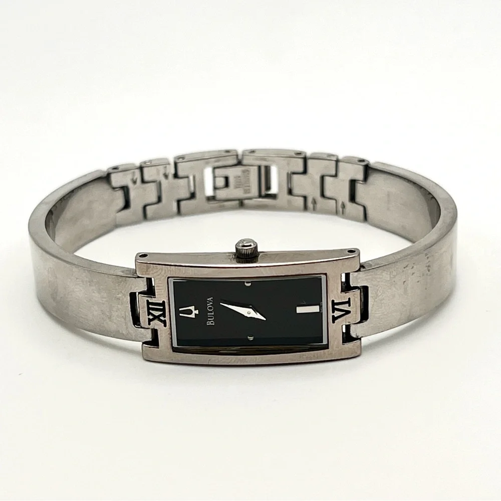 Bulova Womens Watch Silver Tone Rectangle Black Dial 6.25" New Battery - Picture 3 of 14